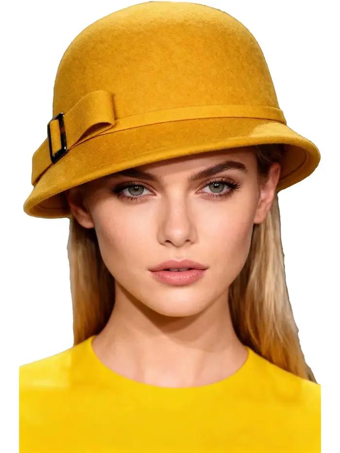 FS femmes noir laine feutre Cloche britannique haut seau chapeau avec nœud papillon à large bord melon Fedoras dames jaune disquette Derby chapeaux