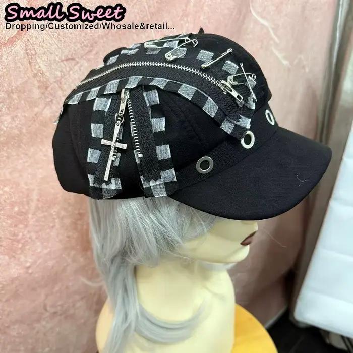 Femmes Y2k fille Harajuku gothique Grunge Punk grille tissu béret chapeaux Chic Streetwear Goth Lolita croix Rock casquettes journal chapeau