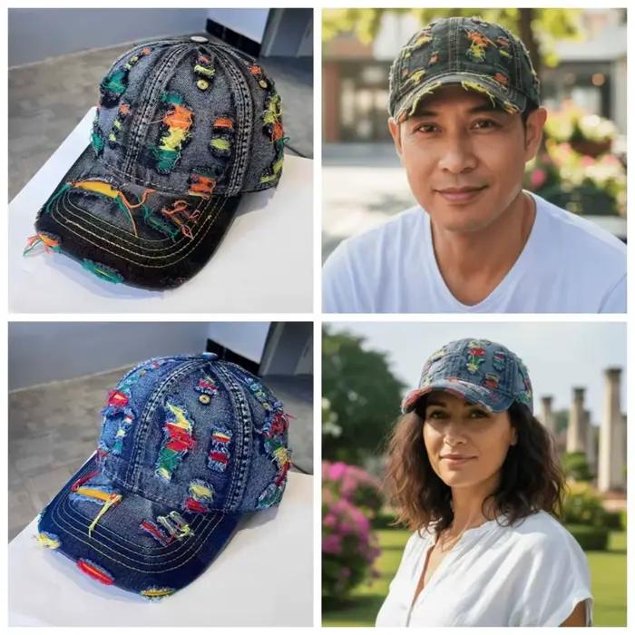 Casquette de baseball en jean ajustable et déchiré