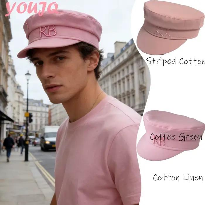 Casquette Baker Boy en coton/lin rose ornée d'un monogramme