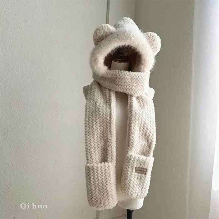 Chapeau écharpe gants trois pièces casquette chaude en peluche bavoir hiver fille russe Toboggan moelleux tricoté bonnets