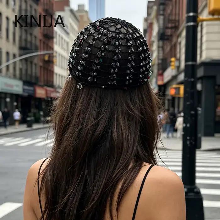 Bonnet perlé ajouré fait main au crochet pour femmes, style sport, polyvalent pour quatre saisons, voyages et photos