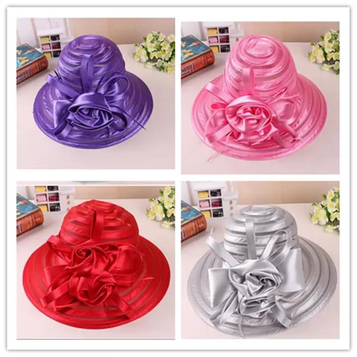 Nouveau Chapeau Derby de Tri Satiné Polyester Pour Femmes Large Bord Protection Solaire Mode Printemps Été Voyage Occasionnels Cadeau Chic
