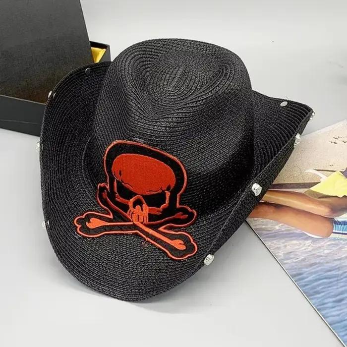 M6CD chapeau tissage paille Vintage avec crâne brodé pour hommes