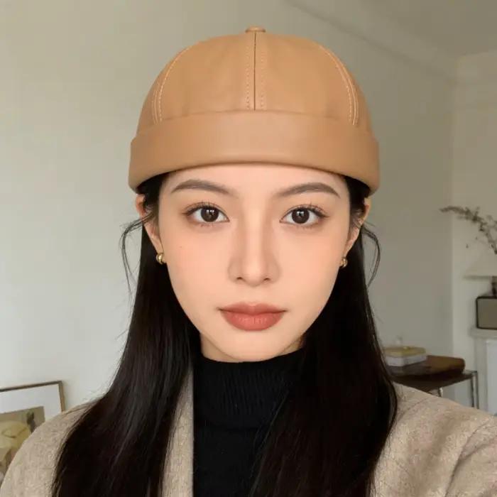 Nouveau cuir sans bords rond propriétaire chapeau couleur unie réglable peau de Melon