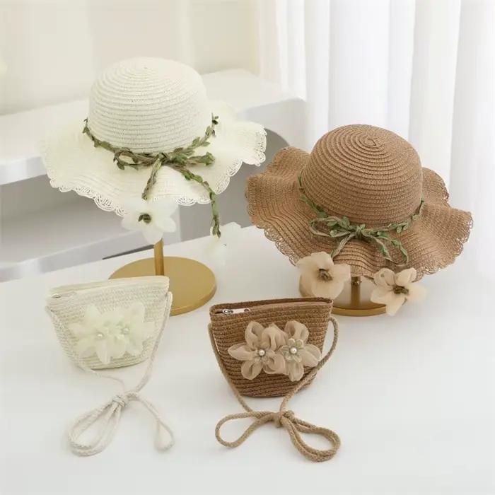 Chapeau de paille et sac à bandoulière pour filles dessin animé ours enfants chapeau de soleil sac ensemble printemps plage chapeaux pour garçon fille enfant bord casquette
