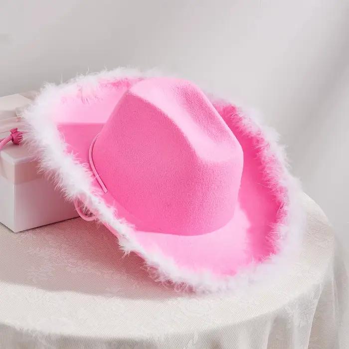 Chapeau de cowgirl FYBITBO bord large garniture fourrure polyester pour femmes soirée robe mariage rendez vous