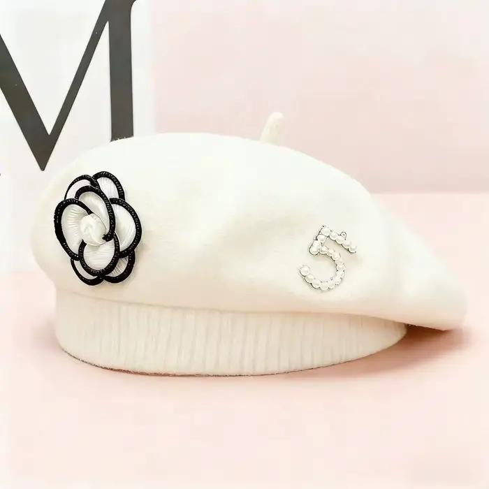 Béret tricoté élégant rétro français femme fleur perle hiver automne romantique chapeau haut-de-forme occassionnels sorties événements