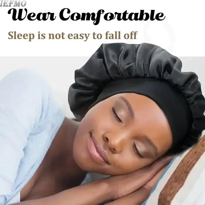 Bonnet de sommeil en satin de soie pour cheveux bouclés, bonnet de douche élastique pour protection des cheveux, grande bande souple et large pour dormir et se baigner