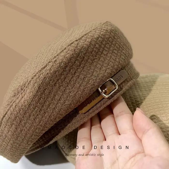 Béret pour femmes artiste peintre chapeau boucle de ceinture mélange de laine automne printemps sorties décontractées