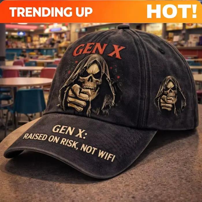 Casquette de baseball rétro punk Gen X avec motif Grim Reaper - Chapeau vintage ajustable et vieilli