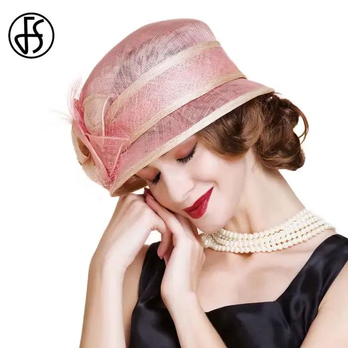 Sinamay-Chapeau Fedoras Rose à Fleurs pour Femme