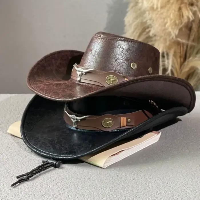Chapeau de cowboy western en cuir PU tendance à large bord avec cordon de serrage