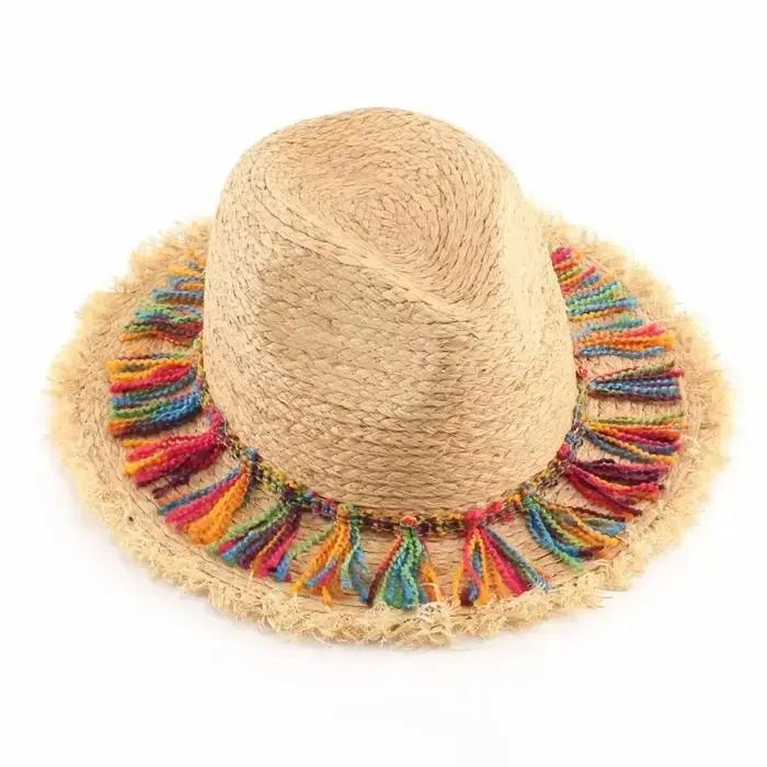 Chapeau de plage en paille avec pompon pour femme