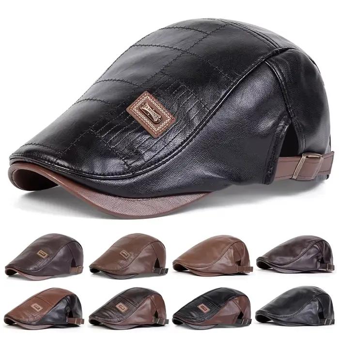 Casquettes de journal rétro en cuir Pu pour hommes