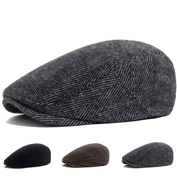 Vintage grande béret à chevrons pour hommes automne hiver chaud décontracté casquette de gavroche mode femmes chapeau plat Double boutonnage réglable