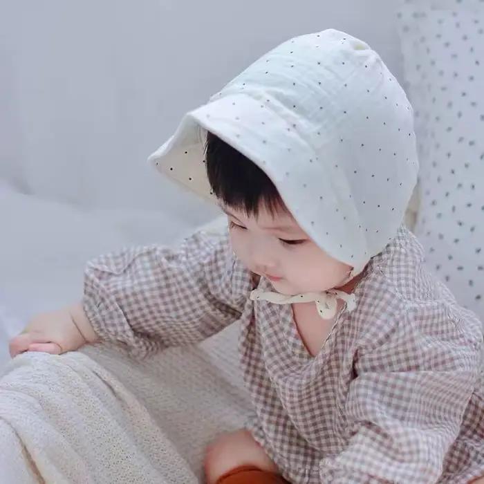 Chapeau de soleil à large bord pour bébé 3-12 mois protection auditive style japon coréen plaid coton polyester tricoté ajustable occassions printemps automne