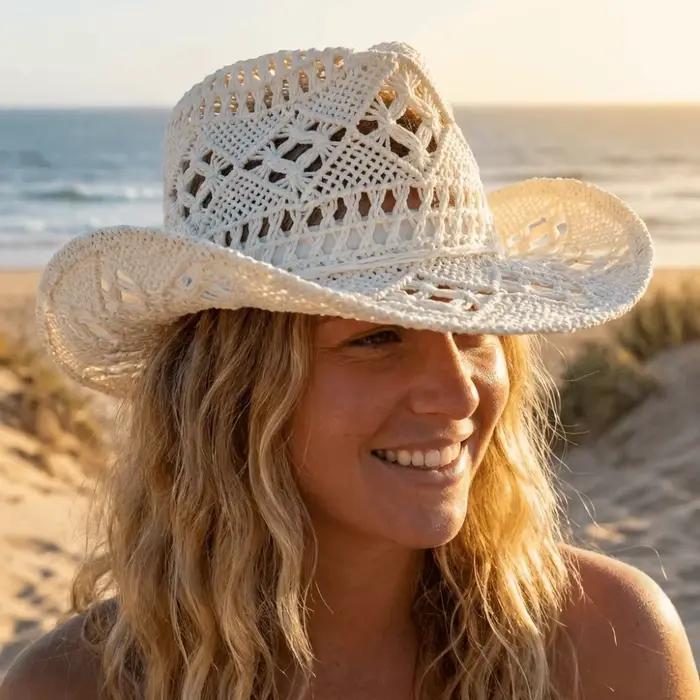 Nouveau Chapeau de Paille Bohème Évidé Style Vintage à Large Bord