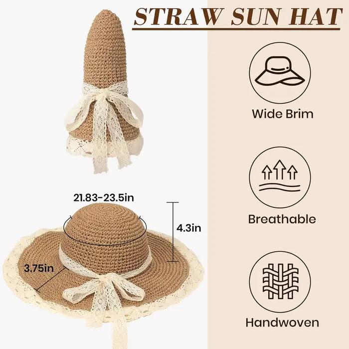 Chapeaux de plage pour femmes - Chapeau de soleil pliable en paille avec ruban en dentelle pour femme 2026