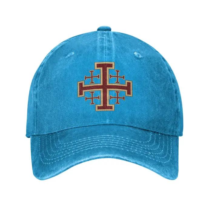 Casquette de baseball chrétienne croix de Jérusalem style vintage effet vieilli et délavé casquette solaire templier unisexe ajustable pour le voyage