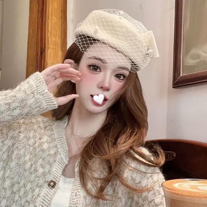 Nouveau chapeau à nœud en laine de cachemire avec voile Style britannique