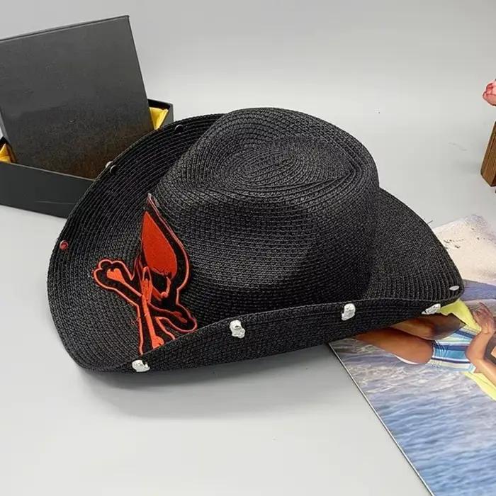 M6CD chapeau tissage paille Vintage avec crâne brodé pour hommes