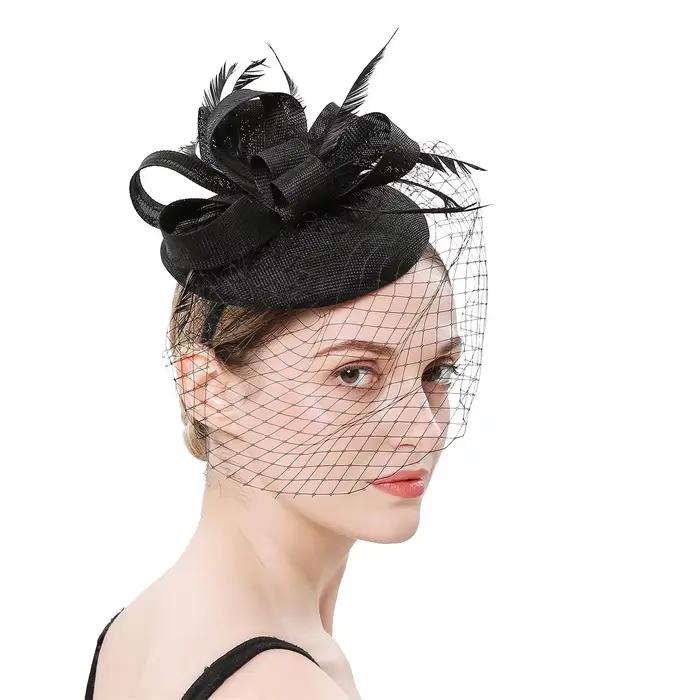Fascinator-chapeau Pillox en maille et dentelle pour femmes occassions spéciales mariage fête thé plumes bandana sauna