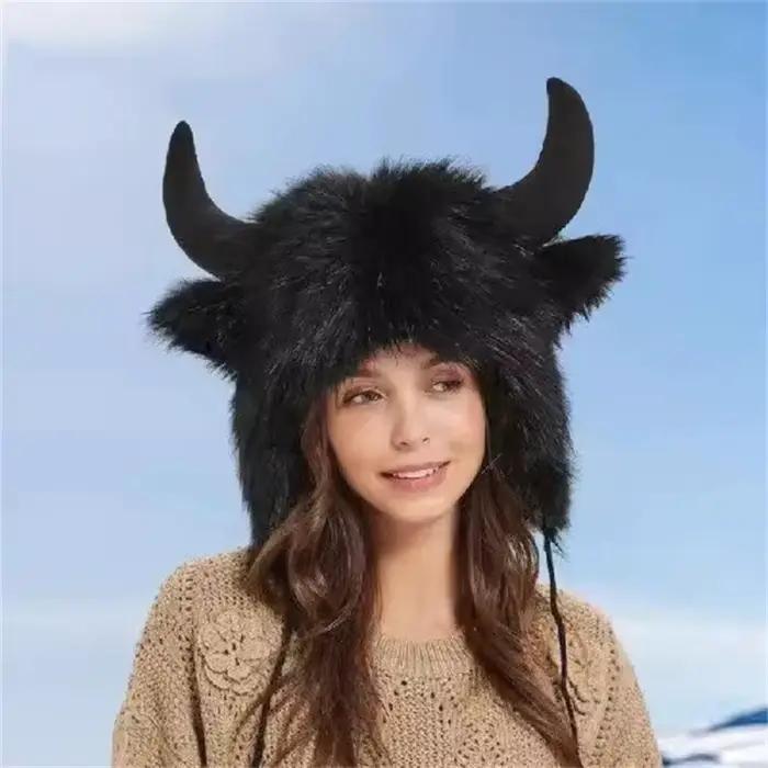 Chapeau Bullhead unisexe moelleux à cornes pour homme et femme, chapeau de bombardier polyester confortable pour l'hiver et les journées ensoleillées