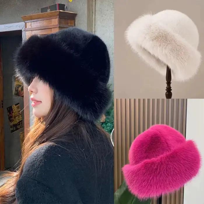 Chapeau seau en fourrure moelleuse pour femmes