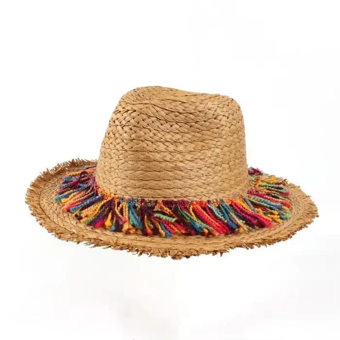 Chapeau de plage en paille avec pompon pour femme