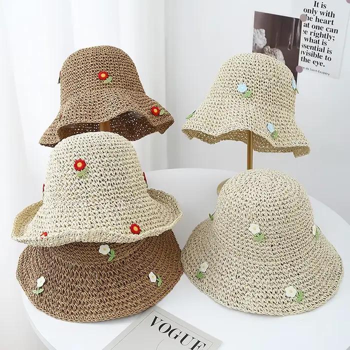 Chapeau seau en paille de Style coréen pour femmes