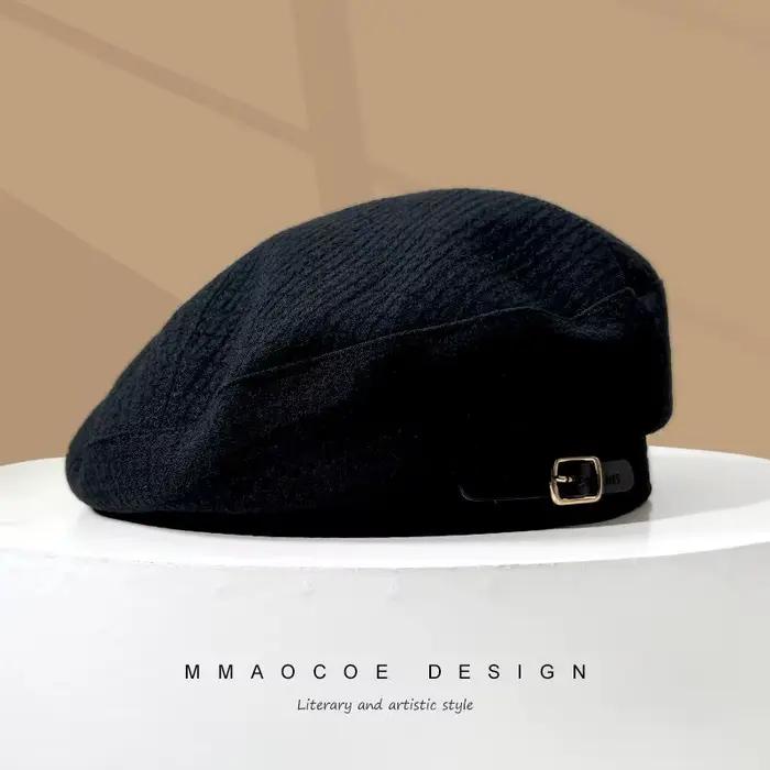 Béret pour femmes artiste peintre chapeau boucle de ceinture mélange de laine automne printemps sorties décontractées