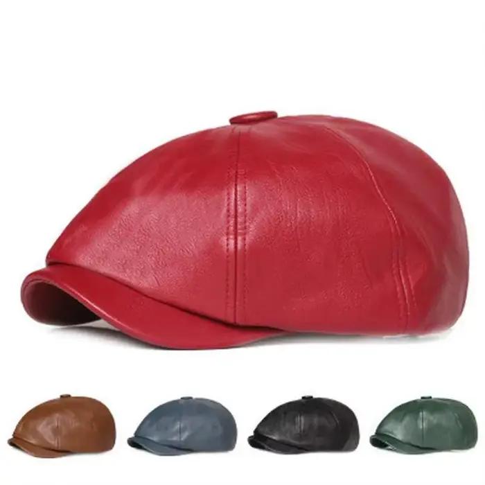 1 PC Retro Octagonal Chapeau en Cuir Autumn Men's Beret Elegant Fashion Cap Caps Pour Hommes Femmes