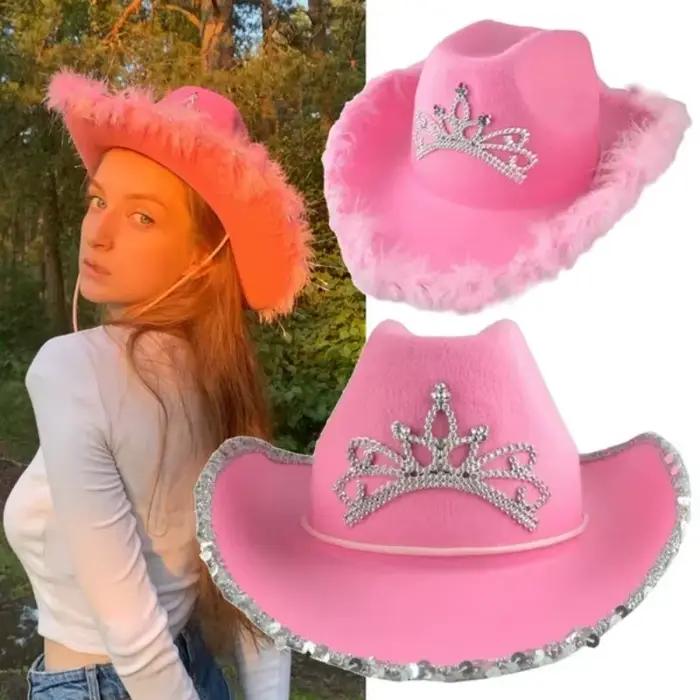 Chapeau de Cowboy occidental en plumes roses pour femmes