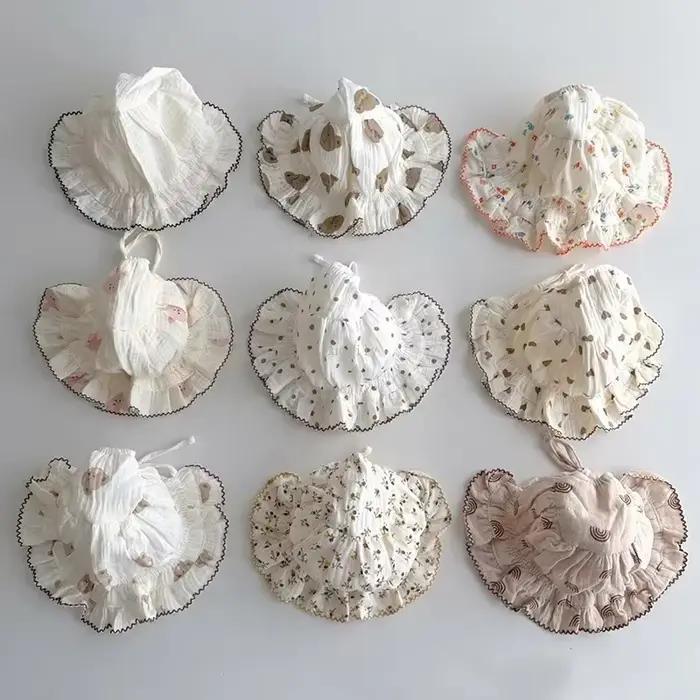 Chapeau en dentelle coton pour nouveau-né mignon, bébé fille, protection auditive, gaze, dessin animé, casquette réglable pour bébés 0-12 mois occasions spéciales