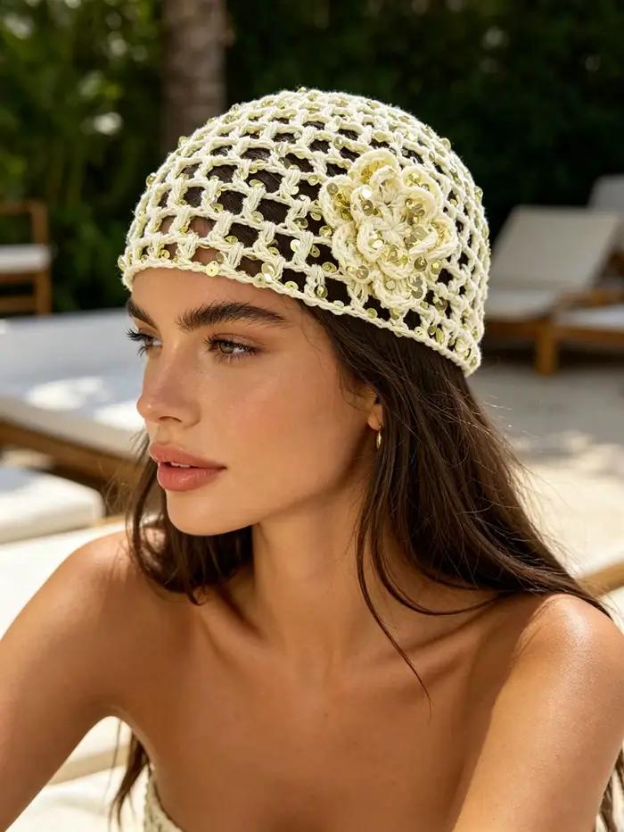 1 pièce : Bonnet en tricot ajouré à sequins style bohème