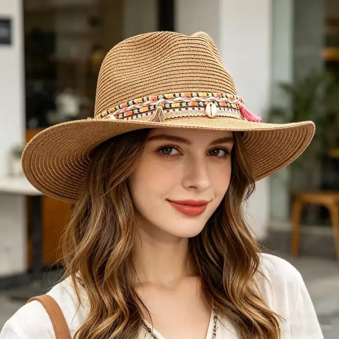 Chapeau de paille de cowboy à pompons pour la randonnée en plein air