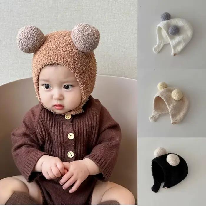 Mignon hiver chaud enfants fille garçons bébé chapeaux polaire laine ourlet casquettes avec boule solide