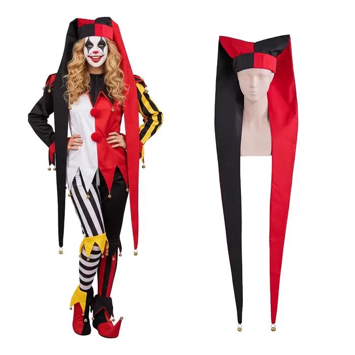 Hearlequin bouffon Cosplay cloches en or rouge et noir chapeau Long unisexe Halloween Clown Costume casquette à la main pour adulte