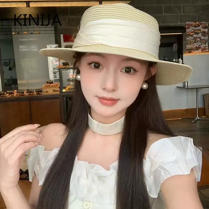 Chapeau de paille élégant de style français à dessus plat pour femme