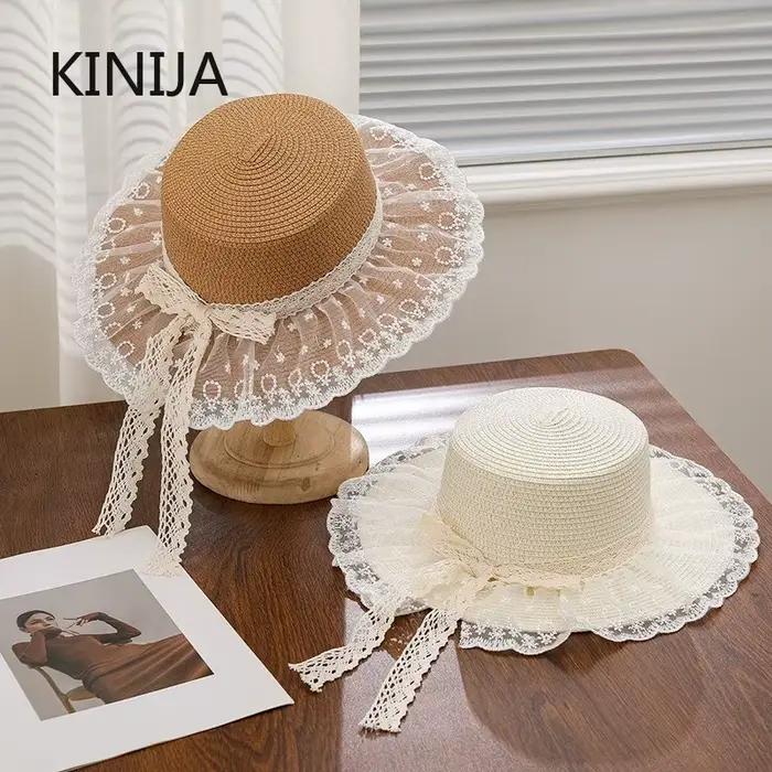 Chapeau de paille tressé à la main avec nœud coréen pour femme