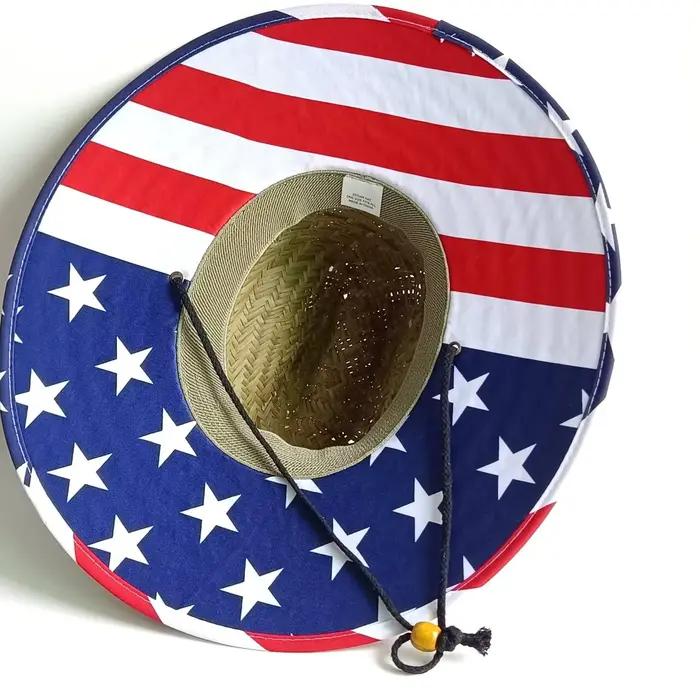 Chapeau de soleil en paille à large bord avec drapeau américain chapeau de sauveteur patriotique pour femmes été plage pêche activités extérieures