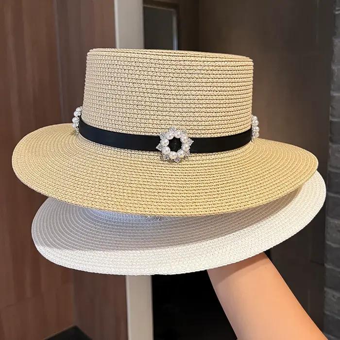 Chapeau de paille Puloru élégant pour femmes avec bande fleur de perle protection solaire plage décontracté multisaisons
