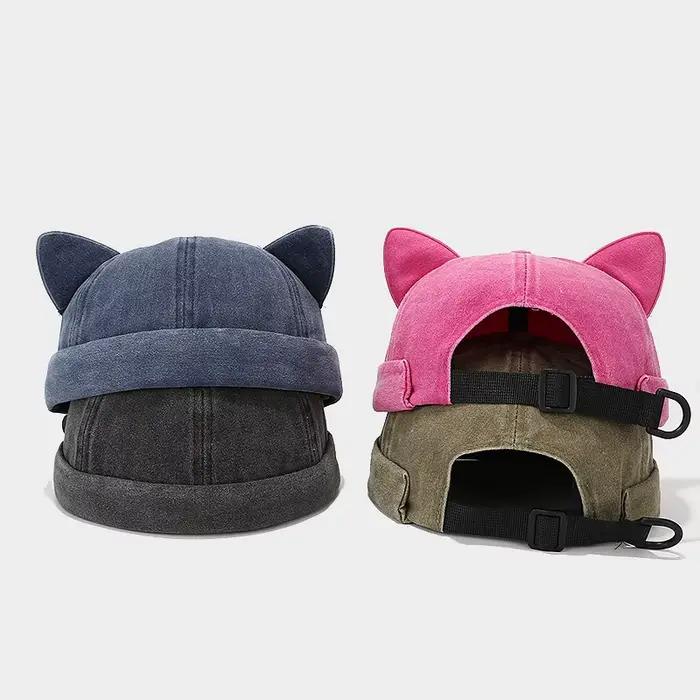 Nouveau mignon oreilles de chat Melon peau casquette femmes réglable mode polyvalent sans bords dôme propriétaire chapeau hommes Denim Hip Hop Beanie casquettes