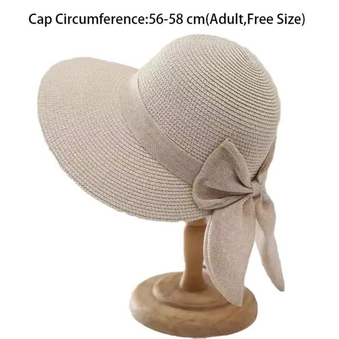 Chapeau de soleil à nœuds papillons pour femmes, paille, beige khaki, protection UV, bord large, style sport décontracté pour l'été