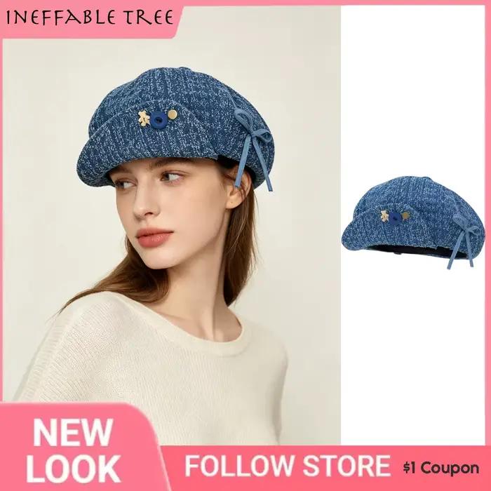 Bérets en jean pour femmes avec joli design à nœud et bouton