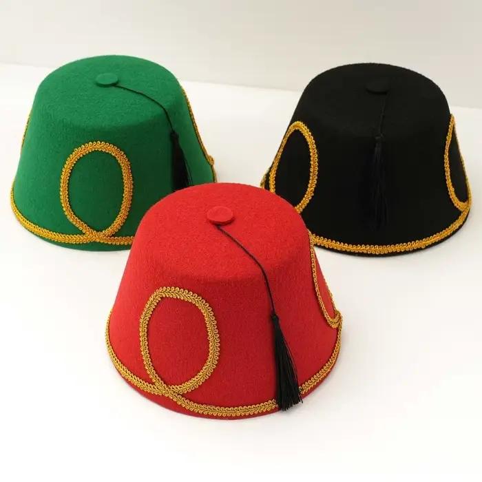 Chapeau Fez turc noir à pompon en feutre de polyester avec bordure dorée, casquette marocaine multifonctionnelle pour homme et femme, quatre saisons, extérieur
