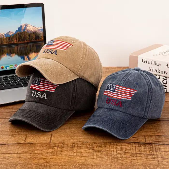 Casquette de baseball en coton lavé brodée drapeau américain USA pour hommes et femmes