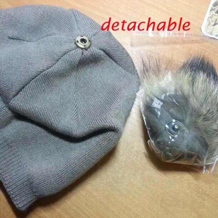Femmes hiver laine tricoté chapeaux pompon bonnet fourrure de renard pompons chapeau couleur unie mode marque de luxe