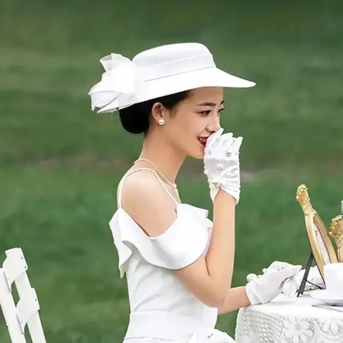 Chapeau pour femme avec nœud en satin de style français – Fedora de mariage élégant